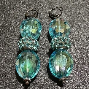 Blue Faceted Glass Crystal & Rhinestone Bead Dangle Earrings